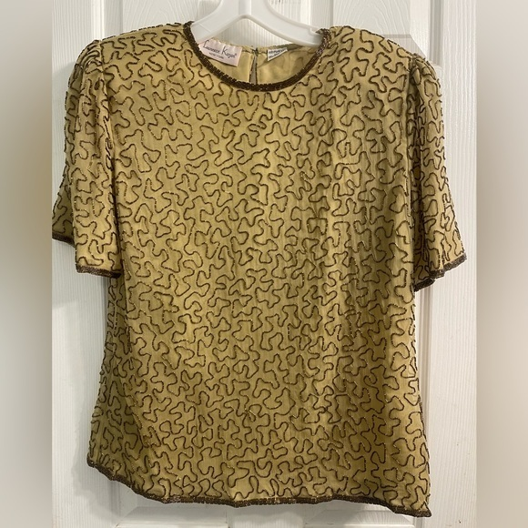 Laurence Kazar Silk Shirt Sequin‎ Beadwork /80s Germ Pattern; size Large - Picture 1 of 9